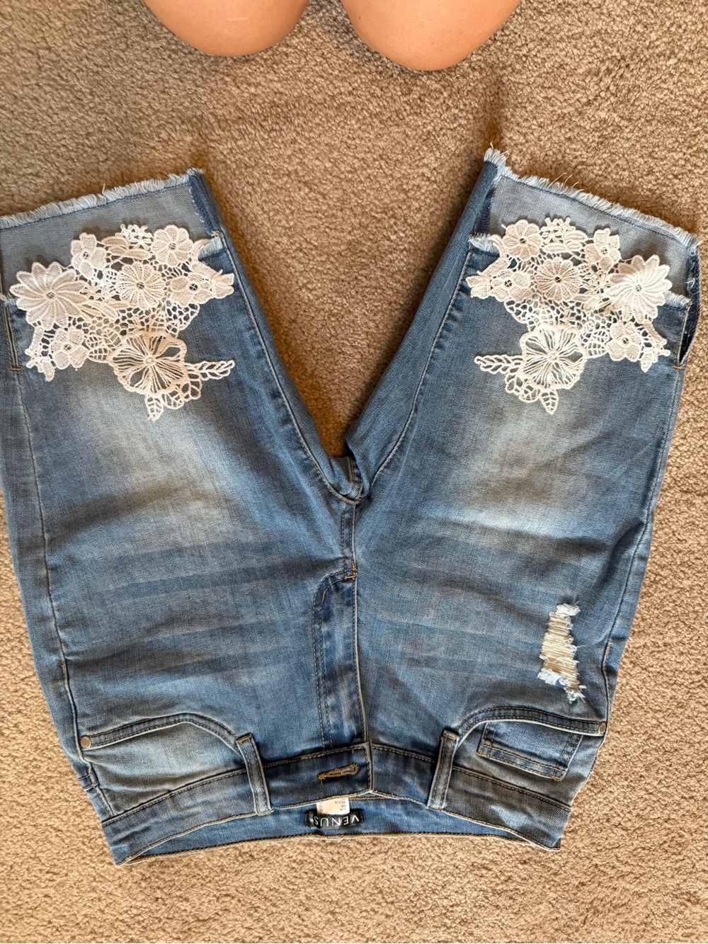 Blue Denim Jeans with White Lace Appliqué. Venus.